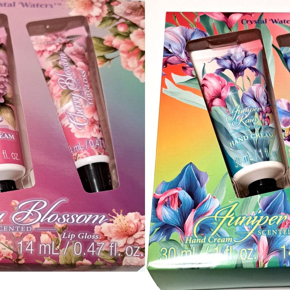 Crystal Waters Hand Cream & Lip Gloss Cherry Blossom and Juniper Rain (Set of 2